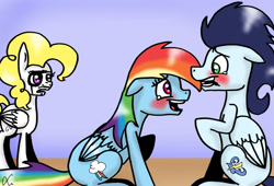 Size: 1024x697 | Tagged: safe, artist:lrusu, rainbow dash, soarin', surprise, pegasus, pony, backwards cutie mark, blushing, crying, face doodle, female, laughing, male, marker, shipping, soarindash, straight