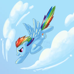 Size: 875x870 | Tagged: safe, artist:strange-thingshappen, rainbow dash, pegasus, pony, cloud, female, flying, grin, mare, smiling, solo