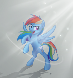 Size: 534x573 | Tagged: dead source, safe, artist:ronnie-wolf, rainbow dash, pegasus, pony, abstract background, bipedal, female, light, mare, open mouth, signature, solo, spread wings, wings