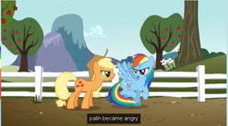 Size: 647x360 | Tagged: safe, derpibooru import, screencap, applejack, rainbow dash, earth pony, pegasus, pony, the ticket master, fence, youtube caption