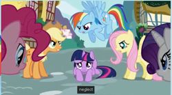 Size: 649x361 | Tagged: safe, derpibooru import, screencap, applejack, fluttershy, pinkie pie, rainbow dash, rarity, twilight sparkle, earth pony, pegasus, pony, unicorn, the ticket master, mane six, youtube caption