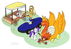 Size: 1043x720 | Tagged: safe, artist:haretrinity, derpibooru import, apple bloom, applejack, rainbow dash, rarity, scootaloo, sweetie belle, earth pony, pegasus, pony, unicorn, the cart before the ponies, cutie mark crusaders