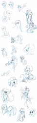 Size: 1440x4748 | Tagged: safe, artist:princesssilverglow, derpibooru import, applejack, derpy hooves, fluttershy, pinkie pie, rainbow dash, twilight sparkle, crystal pony, earth pony, pegasus, pony, cloud, monochrome, muffin, sketch dump