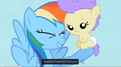 Size: 635x353 | Tagged: safe, screencap, cream puff, rainbow dash, pegasus, pony, the mysterious mare do well, baby, baby pony, meme, youtube caption