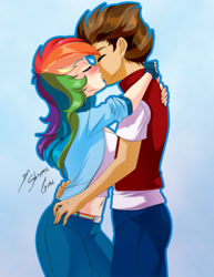 Size: 2153x2786 | Tagged: safe, artist:shinta-girl, derpibooru import, rainbow dash, oc, human, belly button, blushing, canon x oc, commission, humanized, kissing, midriff, shipping