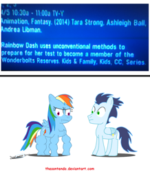 Size: 788x904 | Tagged: safe, artist:thesontendo, rainbow dash, soarin', pegasus, pony, testing testing 1-2-3, muscles, old cutie mark, rainbuff dash, steroids