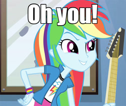 Size: 681x571 | Tagged: safe, rainbow dash, equestria girls, guitar centered, rainbow rocks, caption, image macro, meme, oh you, solo