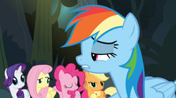 Size: 1282x714 | Tagged: safe, derpibooru import, screencap, applejack, fluttershy, pinkie pie, rainbow dash, rarity, earth pony, pegasus, pony, unicorn, daring don't, annoyed, applejack is not amused, eyes closed, fluttershy is not amused, unamused