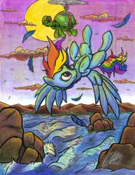 Size: 1684x2184 | Tagged: safe, artist:artponymdp, derpibooru import, rainbow dash, tank, pegasus, pony, feather, flying, monochrome, river, traditional art