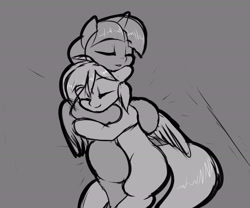 Size: 2400x2000 | Tagged: safe, artist:elzzombie, derpibooru import, rainbow dash, twilight sparkle, twilight sparkle (alicorn), alicorn, pegasus, pony, cuddling, female, grayscale, lesbian, mare, monochrome, shipping, snuggling, twidash