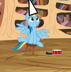 Size: 326x328 | Tagged: safe, edit, screencap, rainbow dash, pegasus, pony, testing testing 1-2-3, 1000 hours in ms paint, cute, dashabetes, dunce hat, hat, ms paint, solo, spoiler