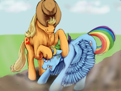 Size: 1280x960 | Tagged: safe, artist:causticeichor, derpibooru import, applejack, rainbow dash, earth pony, pegasus, pony, noogie