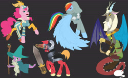 Size: 6542x4000 | Tagged: safe, artist:twigpony, derpibooru import, big macintosh, discord, pinkie pie, rainbow dash, spike, dragon, earth pony, pegasus, pony, unicorn, dungeons and discords, arrow, bard pie, bow (weapon), captain wuzz, dungeons and dragons, female, garbuncle, levitation, magic, male, mare, ogres and oubliettes, open mouth, race swap, rainbow rogue, simple background, sir mcbiggen, stallion, sword, telekinesis, unicorn big mac, wand, weapon