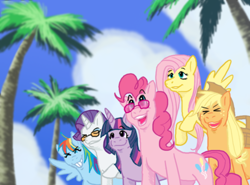 Size: 800x593 | Tagged: safe, artist:cartoonlion, derpibooru import, applejack, fluttershy, pinkie pie, rainbow dash, rarity, twilight sparkle, earth pony, pegasus, pony, unicorn, azumanga daioh, beach, mane six, parody