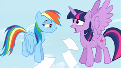 Size: 1440x810 | Tagged: safe, screencap, rainbow dash, twilight sparkle, twilight sparkle (alicorn), alicorn, pegasus, pony, testing testing 1-2-3, female, flying, hub logo, mare, scared