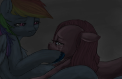 Size: 954x618 | Tagged: safe, artist:colorlesscupcake, derpibooru import, pinkie pie, rainbow dash, earth pony, pegasus, pony, crying, dark, female, hug, lesbian, pinkamena diane pie, pinkiedash, sad, shipping, sitting