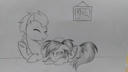 Size: 960x540 | Tagged: safe, artist:darkynez, derpibooru import, rainbow dash, soarin', pegasus, pony, male, monochrome, pregnant, shipping, soarindash, straight, traditional art