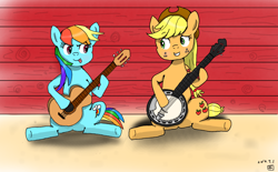 Size: 2048x1271 | Tagged: safe, artist:tsum-tsum0221, derpibooru import, applejack, rainbow dash, earth pony, pegasus, pony, banjo, deliverance, guitar, musical instrument