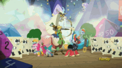 Size: 702x392 | Tagged: safe, derpibooru import, screencap, big macintosh, discord, pinkie pie, rainbow dash, spike, earth pony, pony, skeleton pony, unicorn, dungeons and discords, animated, archer, bard, bard pie, captain wuzz, dice, discovery family logo, dungeons and dragons, fantasy class, garbuncle, gif, loop, mage, ogres and oubliettes, parsnip, pose as a team, race swap, rainbow rogue, rogue, sir mcbiggen, skeleton, slow motion, staff, sword, unicorn big mac, weapon