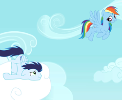 Size: 1024x838 | Tagged: safe, artist:rulette, rainbow dash, soarin', pegasus, pony, female, male, shipping, soarindash, straight, trip