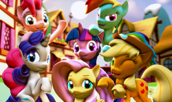 Size: 6000x3574 | Tagged: safe, artist:gen-ma, derpibooru import, applejack, fluttershy, pinkie pie, rainbow dash, rarity, twilight sparkle, twilight sparkle (alicorn), alicorn, earth pony, pegasus, pony, unicorn, 3d, absurd resolution, cute, group photo, looking at you, mane six, mane six opening poses, one eye closed, open mouth, ponyville, raised hoof, scene interpretation, shyabetes, source filmmaker, wink