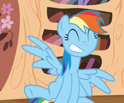 Size: 600x500 | Tagged: safe, screencap, rainbow dash, pegasus, pony, testing testing 1-2-3, solo, stooldash