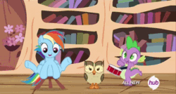 Size: 640x344 | Tagged: safe, screencap, owlowiscious, rainbow dash, spike, dragon, owl, pegasus, pony, testing testing 1-2-3, animated, baby, baby dragon, book, bookshelf, bouncing, cute, cutie mark, dashabetes, drums, event horizon of cuteness, female, flower, golden oaks library, hub logo, jumping, loop, male, marching, mare, musical instrument, silly, spikabetes, stool, stooldash, the hub, watermark