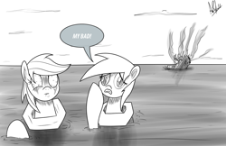 Size: 1279x828 | Tagged: safe, artist:ladyanidraws, derpibooru import, derpy hooves, rainbow dash, pegasus, pony, bloodshot eyes, female, floating, grayscale, i just don't know what went wrong, life preserver, mare, monochrome, newbie artist training grounds, ship, shipwreck, sinking, water, wide eyes