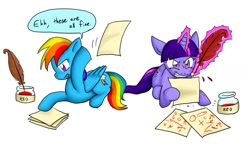 Size: 1235x711 | Tagged: safe, artist:lemurcat, derpibooru import, rainbow dash, twilight sparkle, pegasus, pony, unicorn, angry, correction, duo, glowing horn, gritted teeth, ink, ink stain, lazy, magic, pages, paper, proofreading, quill, simple background, speech bubble, telekinesis