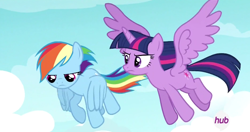 Size: 688x363 | Tagged: safe, screencap, rainbow dash, twilight sparkle, twilight sparkle (alicorn), alicorn, pegasus, pony, testing testing 1-2-3, female, flying, hub logo, mare