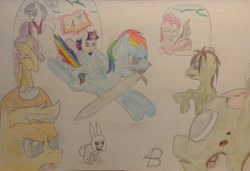 Size: 2563x1753 | Tagged: safe, artist:bikebrony, derpibooru import, angel bunny, applejack, fluttershy, pinkie pie, rainbow dash, rarity, twilight sparkle, earth pony, pegasus, pony, unicorn, zombie, zombie pony, dungeons and dragons, mane six, pen and paper rpg, ponyfinder, rpg, traditional art