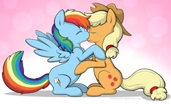 Size: 1150x700 | Tagged: safe, artist:spiralshockwave, derpibooru import, applejack, rainbow dash, earth pony, pegasus, pony, appledash, female, kissing, lesbian, shipping