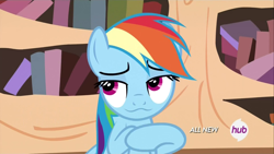 Size: 1920x1080 | Tagged: safe, screencap, rainbow dash, pegasus, pony, testing testing 1-2-3, :3, catface, hub logo, solo