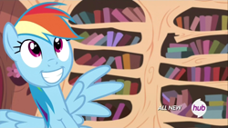 Size: 1920x1080 | Tagged: safe, screencap, rainbow dash, pegasus, pony, testing testing 1-2-3, hub logo, solo, stooldash