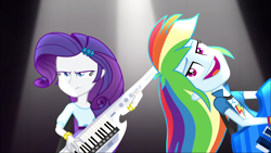 Size: 1920x1080 | Tagged: safe, derpibooru import, screencap, rainbow dash, rarity, equestria girls, rainbow rocks, discovery family, discovery family logo, dreamworks face, face, faic, guitar, keytar, musical instrument