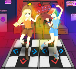 Size: 1850x1686 | Tagged: safe, artist:kyriena, derpibooru import, applejack, rainbow dash, human, appledash, belt, boots, bracelet, clothes, converse, dance dance revolution, dancing, female, humanized, jewelry, lesbian, microphone, rhythm game, shipping, shoes, shorts, sneakers, spotlight, stage, sweatband, tanktop