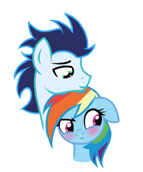 Size: 571x685 | Tagged: safe, derpibooru import, rainbow dash, soarin', pegasus, pony, blushing, bust, male, shipping, simple background, soarindash, straight, transparent background