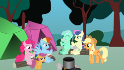 Size: 1920x1080 | Tagged: safe, artist:penguinlover115, derpibooru import, applejack, bon bon, lyra heartstrings, pinkie pie, rainbow dash, scootaloo, sweetie drops, earth pony, pegasus, pony, unicorn, bacon, campfire, camping, eating, food, log, meat, ms paint, nom, ponies eating meat, sitting, tent