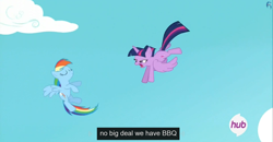 Size: 1600x830 | Tagged: safe, screencap, rainbow dash, twilight sparkle, twilight sparkle (alicorn), alicorn, pegasus, pony, testing testing 1-2-3, barbeque, female, food, hub logo, mare, meme, youtube caption