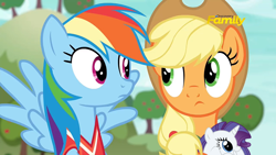 Size: 1000x563 | Tagged: safe, derpibooru import, edit, edited screencap, screencap, applejack, rainbow dash, earth pony, pegasus, pony, buckball season, discovery family logo, meme, rariball