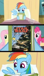 Size: 581x1000 | Tagged: safe, edit, edited screencap, screencap, rainbow dash, pegasus, pony, read it and weep, exploitable meme, meme, obligatory pony, reading rainbow, screencap comic, star wars, star wars: rogue squadron, x-wing