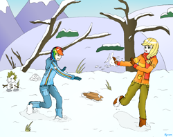 Size: 2072x1644 | Tagged: safe, artist:kyriena, derpibooru import, applejack, rainbow dash, spike, human, humanized, snow