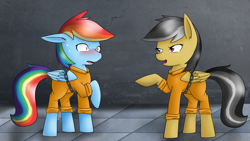 Size: 1024x576 | Tagged: safe, artist:skywarriorstare, daring do, rainbow dash, pegasus, pony, blushing, bound wings, clothes, prison, prison outfit, prisoner rd, sweat, tonight you