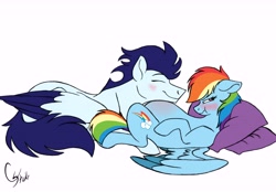 Size: 9600x6700 | Tagged: safe, artist:colourstrike, derpibooru import, rainbow dash, soarin', pegasus, pony, absurd resolution, belly pillow, colored wings, colored wingtips, male, pillow, preggo dash, pregnant, scrunchy face, shipping, snuggling, soarindash, story in the source, straight, tsunderainbow, tsundere