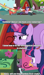 Size: 782x1317 | Tagged: safe, screencap, daisy, flower wishes, rainbow dash, twilight sparkle, twilight sparkle (alicorn), alicorn, pegasus, pony, testing testing 1-2-3, female, mare, pun, screencap comic