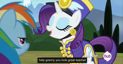 Size: 1600x830 | Tagged: safe, screencap, rainbow dash, rarity, pegasus, pony, unicorn, testing testing 1-2-3, ancient wonderbolts uniform, feminism, frock coat, hub logo, meme, sgt. rarity, shako, youtube caption