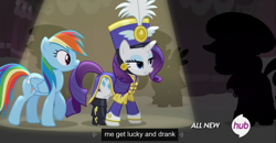 Size: 1600x830 | Tagged: safe, screencap, rainbow dash, rarity, pegasus, pony, unicorn, testing testing 1-2-3, all new, ancient wonderbolts uniform, frock coat, hub logo, meme, sgt. rarity, shako, text, youtube caption