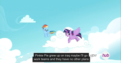 Size: 1600x830 | Tagged: safe, screencap, rainbow dash, twilight sparkle, twilight sparkle (alicorn), alicorn, pegasus, pony, testing testing 1-2-3, female, hub logo, iraq, mare, meme, youtube caption