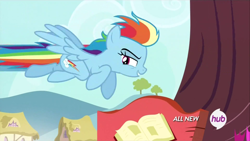 Size: 1920x1080 | Tagged: safe, screencap, rainbow dash, pegasus, pony, testing testing 1-2-3, flying, hub logo, solo