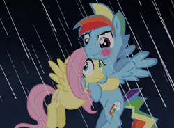 Size: 697x514 | Tagged: safe, artist:dilemmas4u, fluttershy, rainbow blitz, rainbow dash, pegasus, pony, blushing, female, flutterblitz, half r63 shipping, hug, male, rain, rule 63, shipping, show accurate, straight